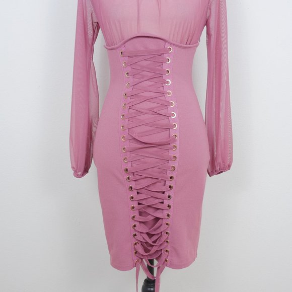Iris Mauve Pink Sheer Mock Neck Long Sleeve Corset Lace Up SZ S Sexy Y2K Dress - Picture 3 of 14